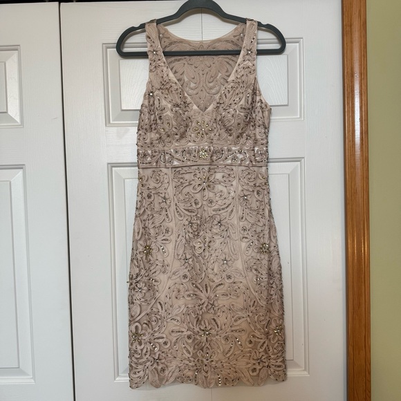 Sue Wong Womens Beaded Embroidered Cocktail Sheath Dress Size 8 Champagne - Picture 3 of 11